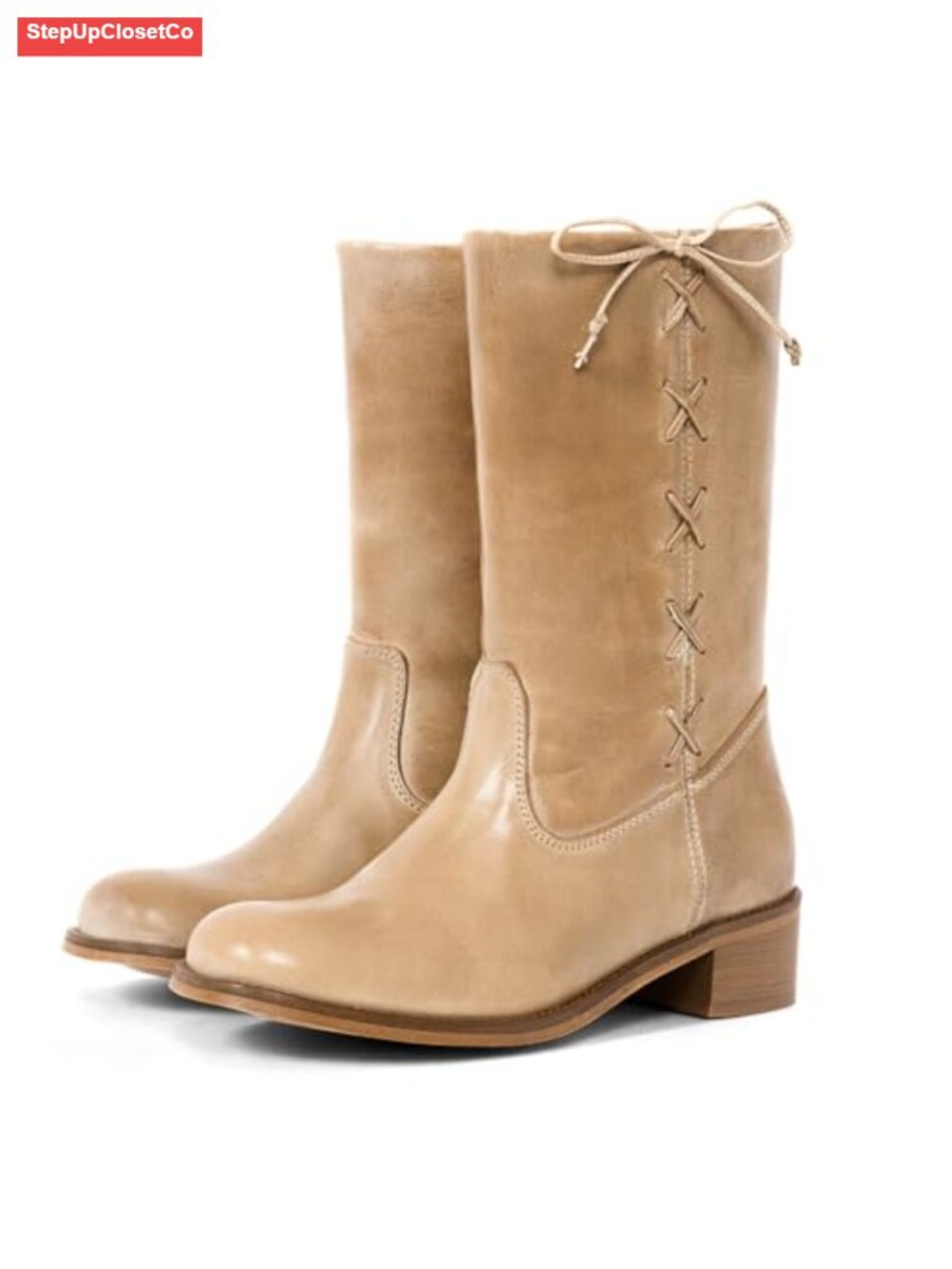 Mid Calf Boots Round Toe Lace Up Bow Low Heel Faux Leather Campus